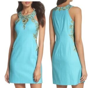 Lilly Pulitzer Tina Dress Blue Gold Embroidered Stretch Sheath Size 6 Cotton